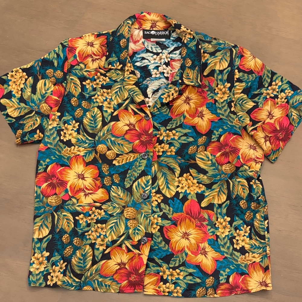 Sag Harbor Petite Womens Vtg 90s Short Sleeve Button-Up Top Size S